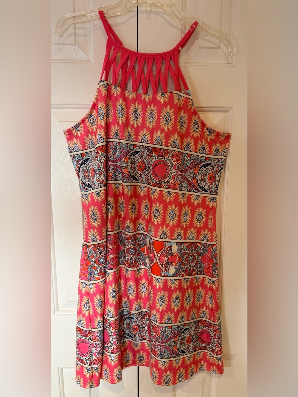 Cotton Coral & Blue Lightweight Paisley Medallion Tee Sundress Dress